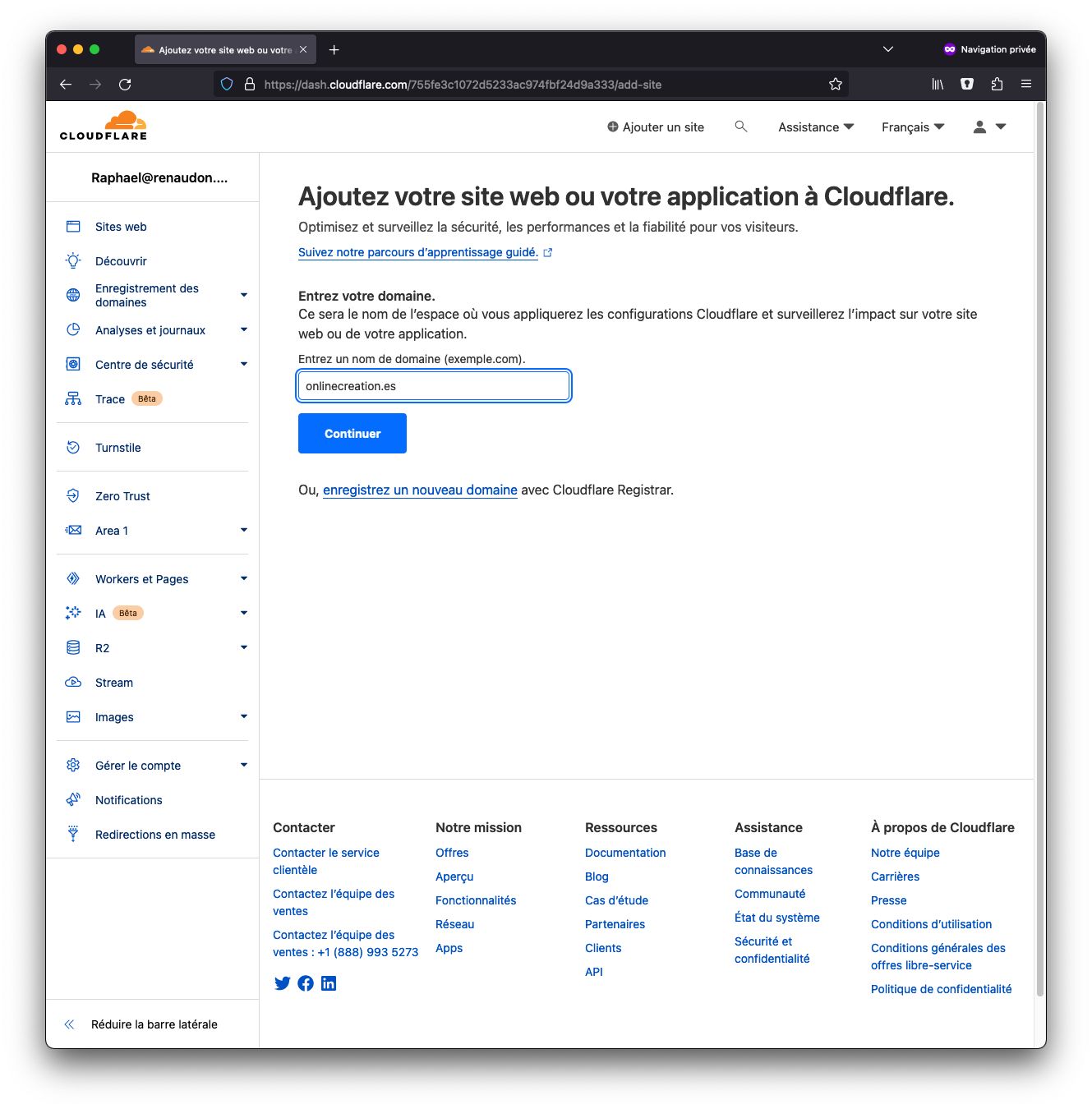 Ajouter un nom de domaine sur CloudFlare