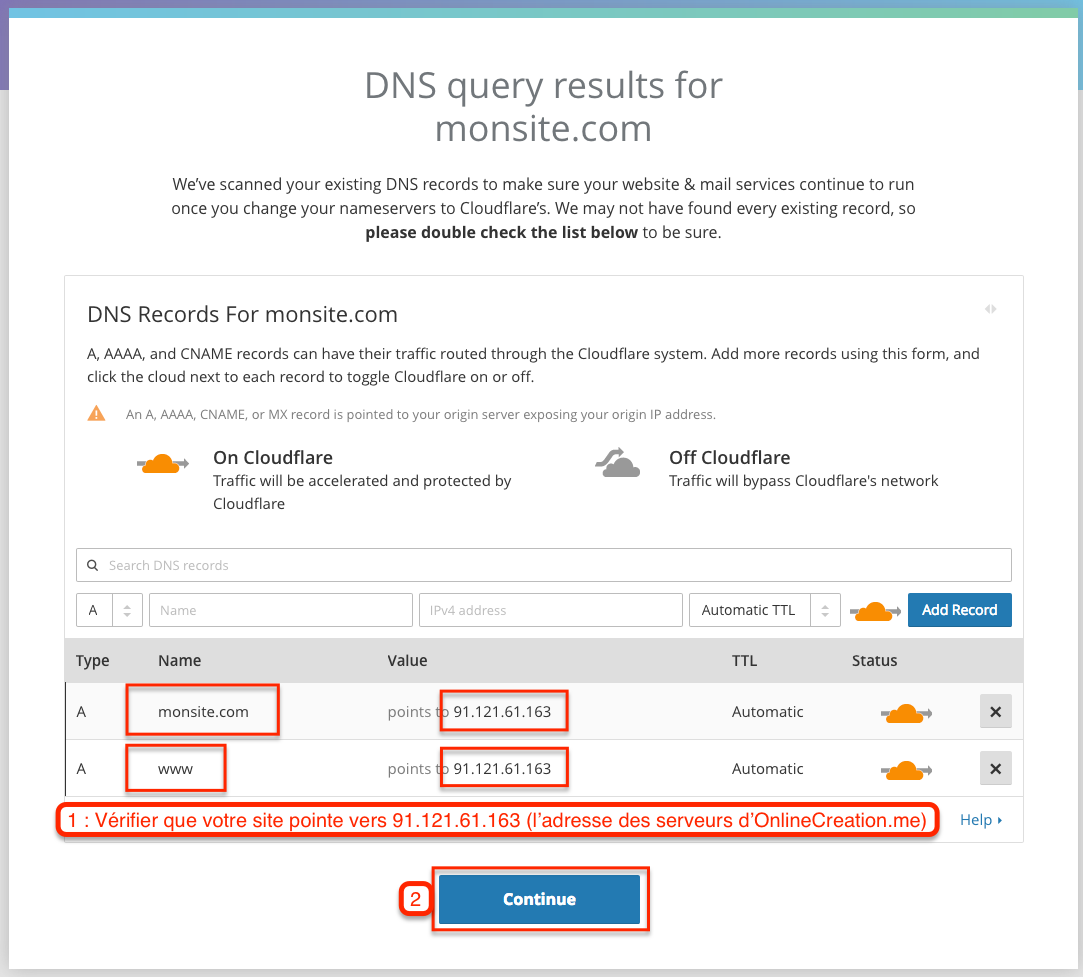 Cloudflare : enregistrements DNS